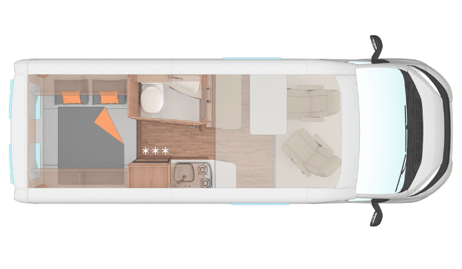 De plattegrond overdag in de Vista Camper van Bunk Campers 