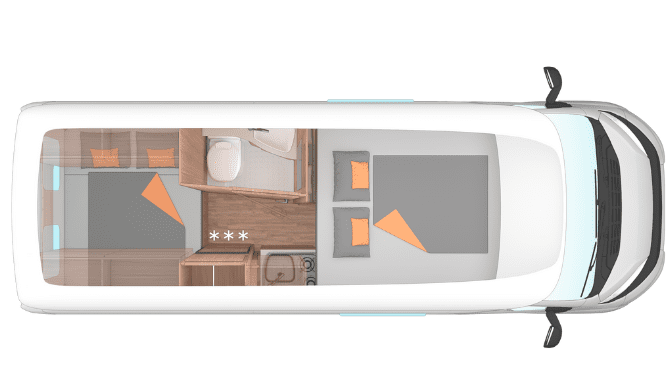 De plattegrond in de nacht in de Vista Camper van Bunk Campers 