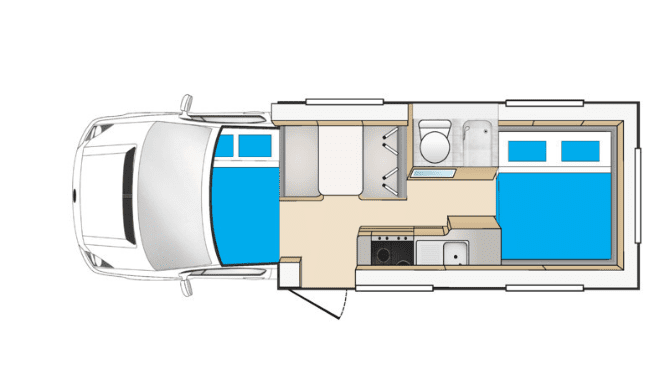 De plattegrond van de Cheapa Campa 4Berth Camper. 