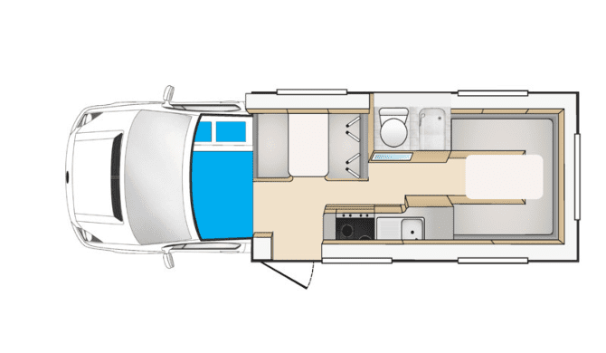 De plattegrond van de Cheapa Campa 4Berth Camper. 