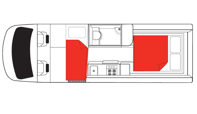 Plattegrond van de Deuce Plus camper van Mighty