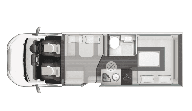 De plattegrond van de Discovery camper van Apollo