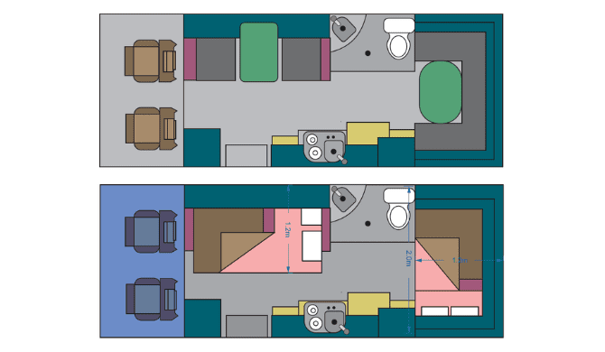 De plattegrond van de M4B camper van Maui