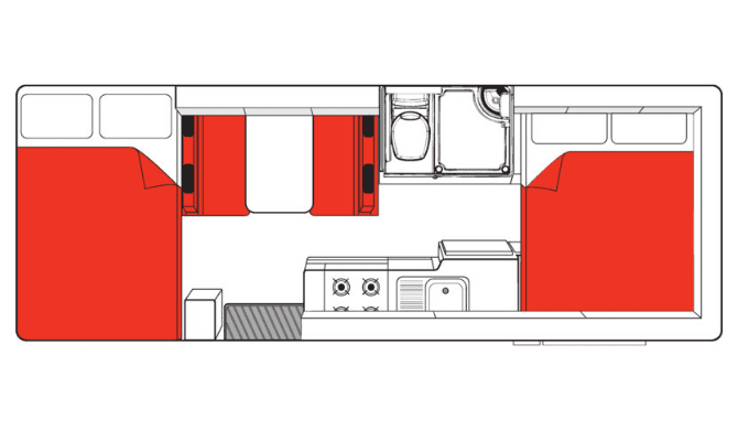 De plattegrond van de Mighty Double Up Camper