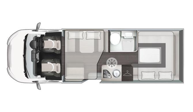 Plattegrond van de Horizon camper van Bunk Campers