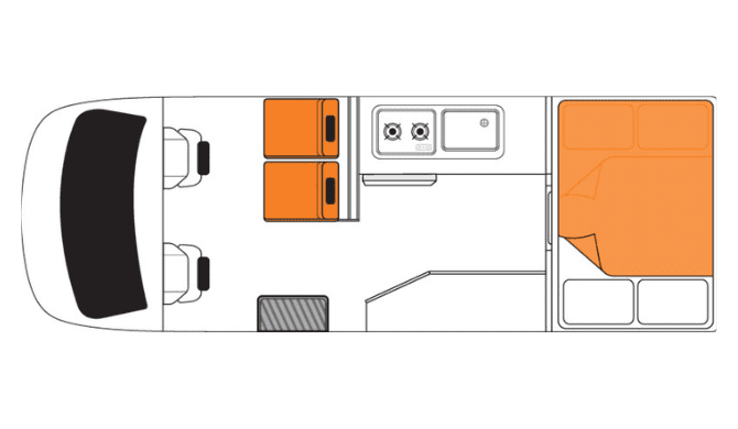 De plattegrond van de Britz Voyager Camper. 